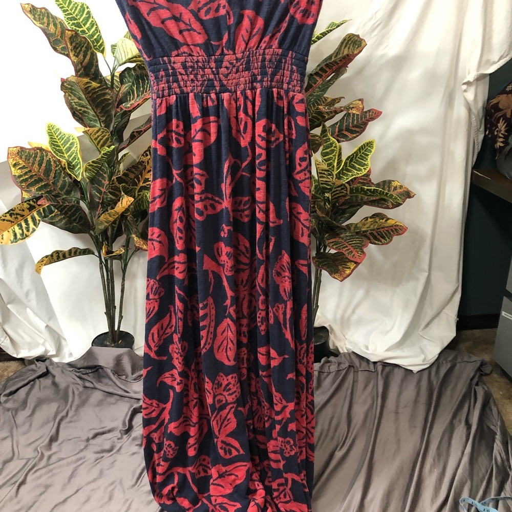 Small Navy blue and red strapless cotton dress, long